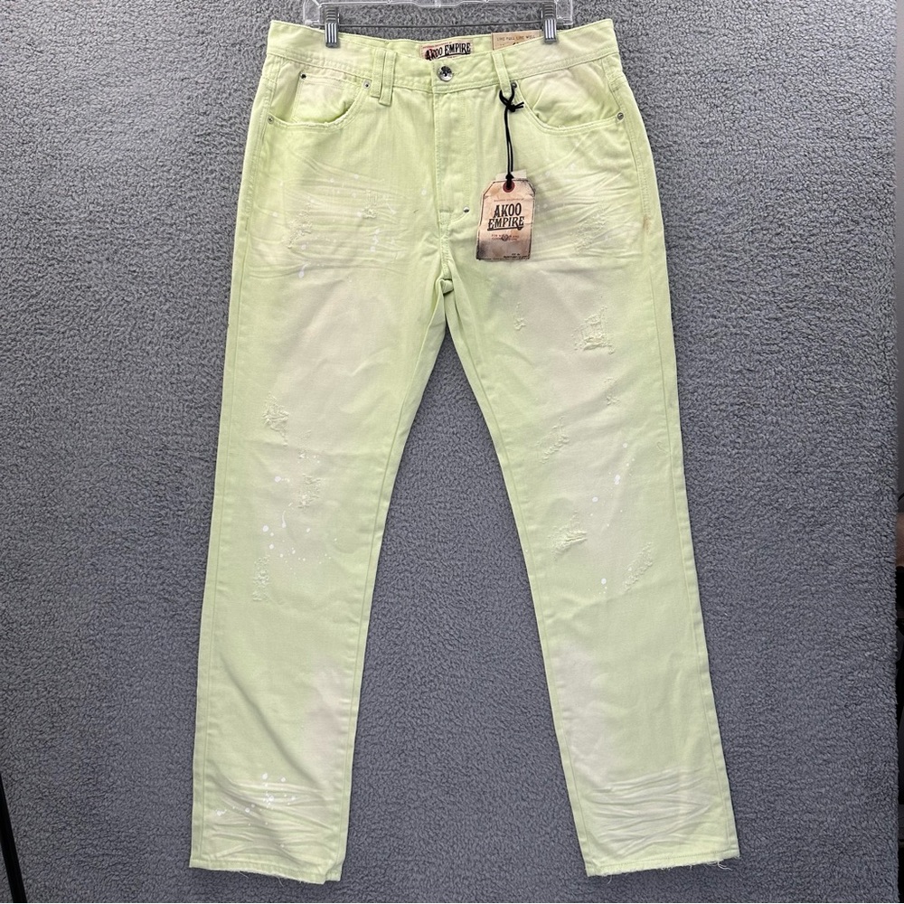 NWT Akoo Empire Big Oak Fit Straight Jeans Distressed Light Green Men's 36 x 33